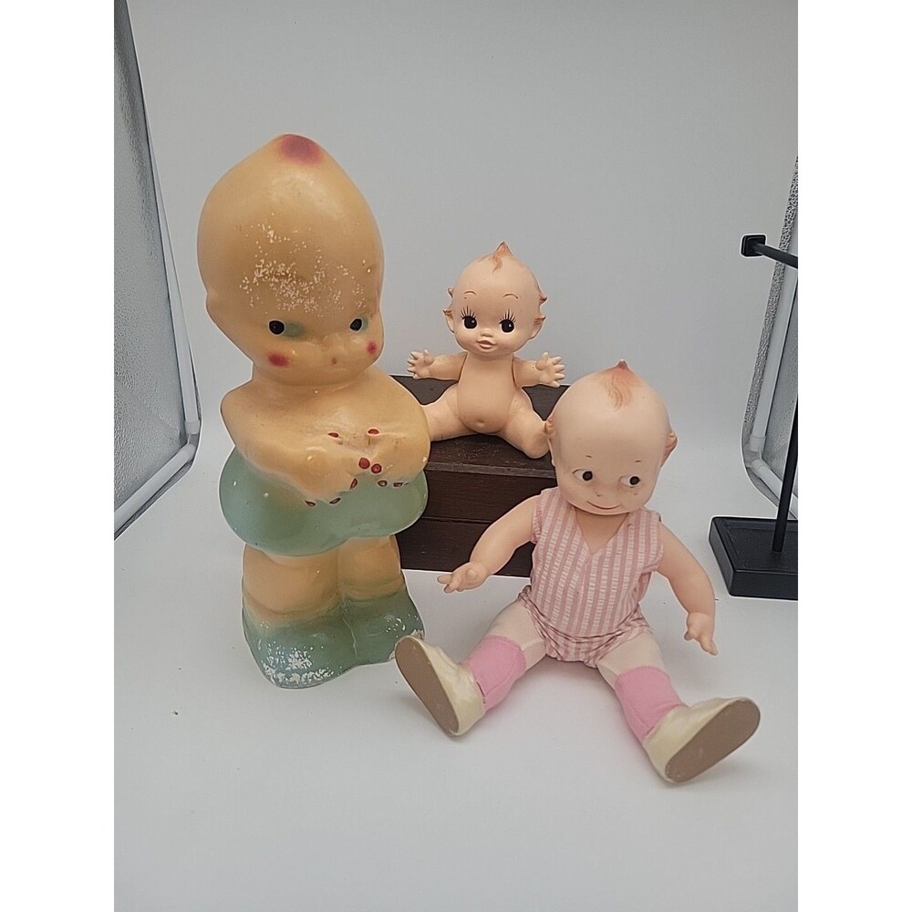 READ Lot 3 Vintage Kewpie Dolls: Cameo Outfit, Porcelain Sitting NG, Large Bank